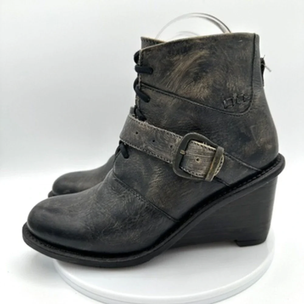 BED STU Rustic Wedge Ankle Boots Womens 6.5 Teak Two Tone Leather Buckle Western